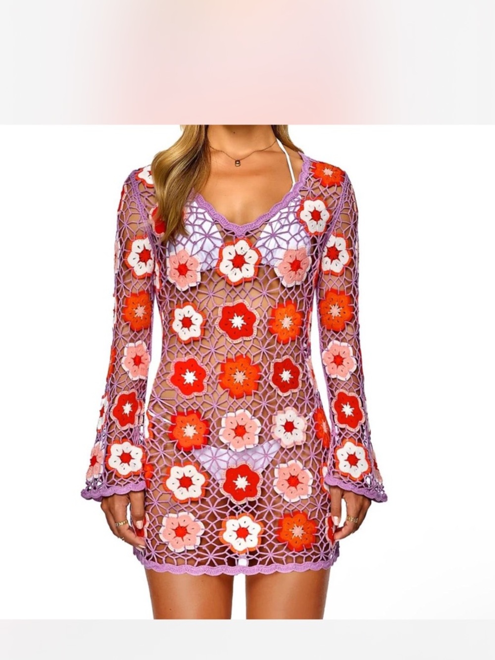 Crochet Floral Cover-Up Dress in Lavender with Red & Pink Flowers